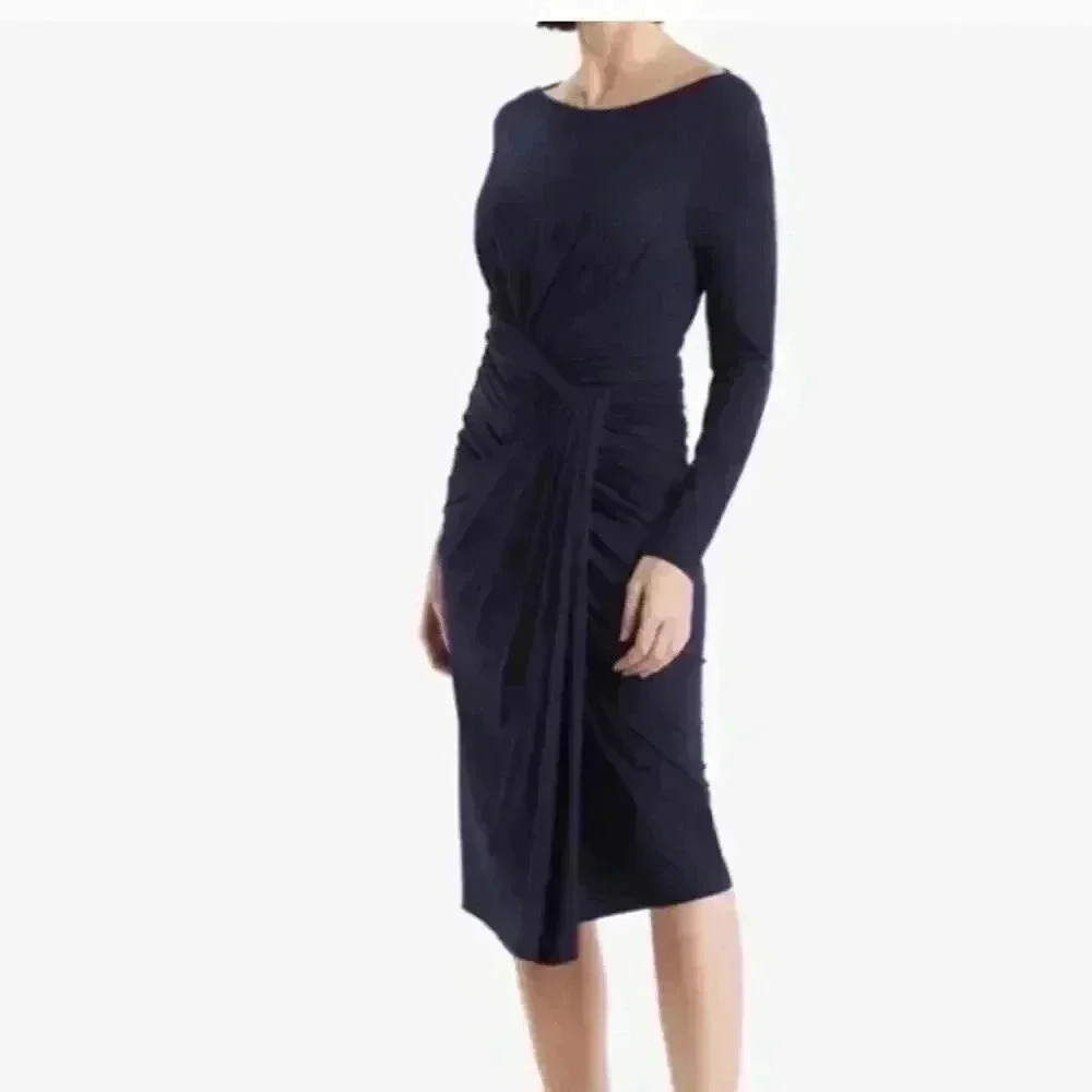 MM Lafleur Navy wrap Ruched Midi Dress Size M